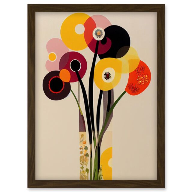 Artery8 Abstract Retro Spring Summer Flowers Floral Yellow Burgundy Orange Bouquet Vase Artwork Framed Wall Art Print A4 in Brown - image 1
