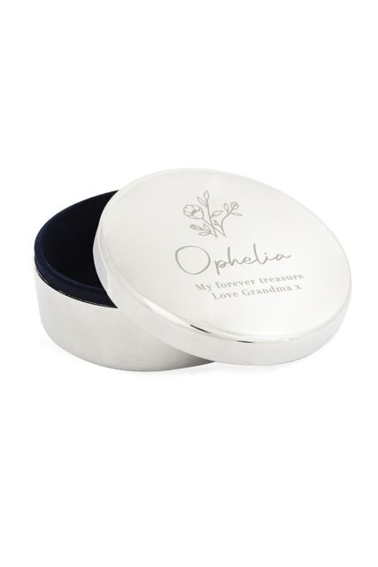 Personalised Memento Company Women's Personalised Floral Round Trinket Box in Metallic Silver - image 1