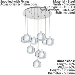 Loops Pendant Ceiling Light Colour Chrome Shade Clear Plastic Bulb GU10 10x3.3W - thumbnail 2