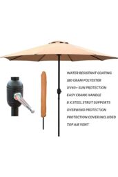 Glamhaus Khaki Garden Table Parasol Crank Handle Waterproof Sun Umbrella 2.7M - thumbnail 2