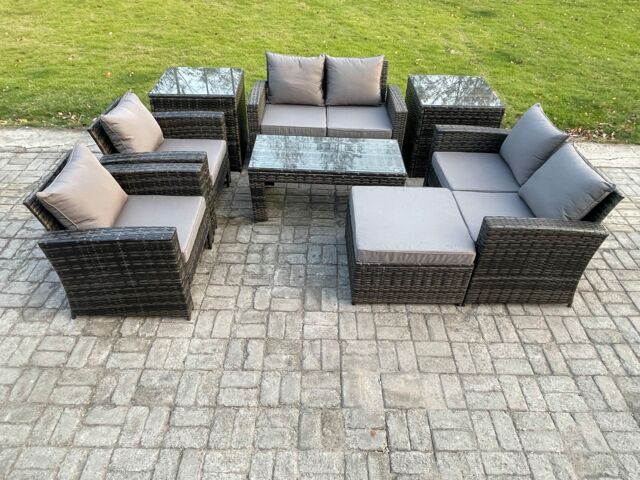 Fimous 7 Seater Dark Grey Mixed High Back Rattan Sofa Set Coffee Table Garden Furniture Outdoor Patio With Love Sofa Arm Chair