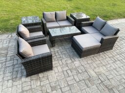 Fimous 7 Seater Dark Grey Mixed High Back Rattan Sofa Set Coffee Table Garden Furniture Outdoor Patio With Love Sofa Arm Chair - thumbnail 2