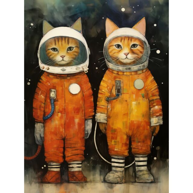 "Artery8 Wall Art Print Cosmic Cats in Outer Space Moon Walk Fun Kids Bedroom Artwork Poster in Orange - Size: W18"" x H24""" - image 1