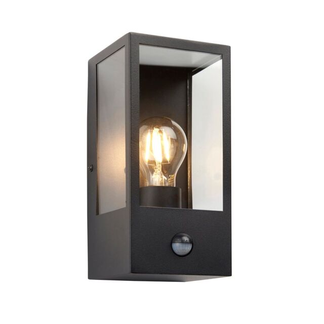 Loops Matt Black Outdoor Wall Light & PIR Sensor - Rectangular Lantern - Clear Glass - image 1