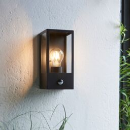 Loops Matt Black Outdoor Wall Light & PIR Sensor - Rectangular Lantern - Clear Glass - thumbnail 4