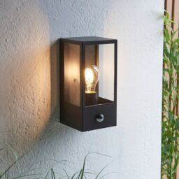 Loops Matt Black Outdoor Wall Light & PIR Sensor - Rectangular Lantern - Clear Glass - thumbnail 3