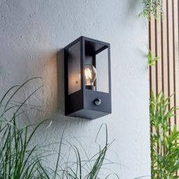 Loops Matt Black Outdoor Wall Light & PIR Sensor - Rectangular Lantern - Clear Glass - thumbnail 5
