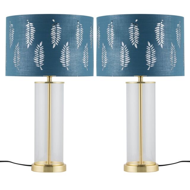 First Choice Lighting Set of 2 Aura - Satin Brass Lamps with Teal Fern Cut Out Shades in Gold - image 1