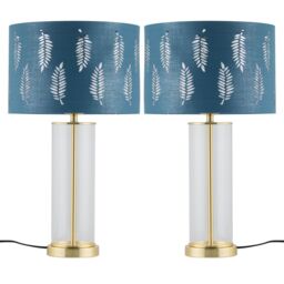 First Choice Lighting Set of 2 Aura - Satin Brass Lamps with Teal Fern Cut Out Shades in Gold