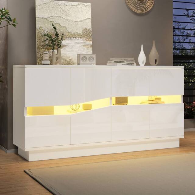 Merax White 140 cm High Gloss LED Sideboard with Adjustable Shelves - image 1