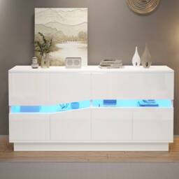 Merax White 140 cm High Gloss LED Sideboard with Adjustable Shelves - thumbnail 3