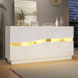 Merax White 140 cm High Gloss LED Sideboard with Adjustable Shelves - thumbnail 1