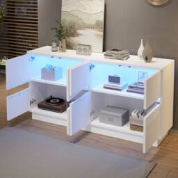 Merax White 140 cm High Gloss LED Sideboard with Adjustable Shelves - thumbnail 2