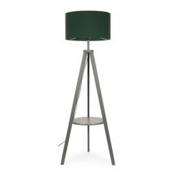 ValueLights Morrigan Grey Wood Tripod Floor Lamp with Fabric Drum Lamp Shade in Dark Green - thumbnail 1