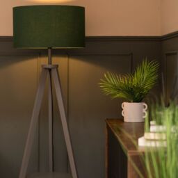 ValueLights Morrigan Grey Wood Tripod Floor Lamp with Fabric Drum Lamp Shade in Dark Green - thumbnail 4
