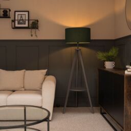 ValueLights Morrigan Grey Wood Tripod Floor Lamp with Fabric Drum Lamp Shade in Dark Green - thumbnail 3