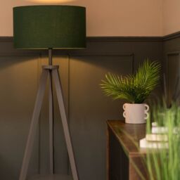 ValueLights Morrigan Grey Wood Tripod Floor Lamp with Fabric Drum Lamp Shade in Dark Green - thumbnail 2