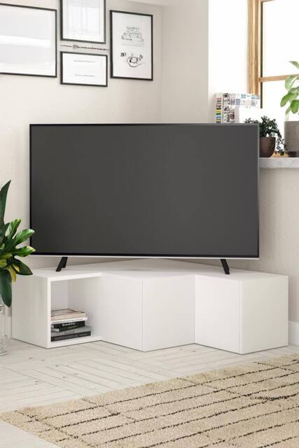 FWStyle 2 Drawer Corner TV Unit Modern Design Painted White Scratch Resistant - image 1