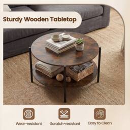 Costway 2-Tier Round Coffee Table Industrial Cocktail Table w/Storage Shelf in Brown - thumbnail 5