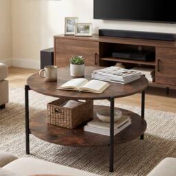 Costway 2-Tier Round Coffee Table Industrial Cocktail Table w/Storage Shelf in Brown - thumbnail 3