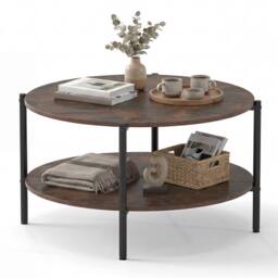 Costway 2-Tier Round Coffee Table Industrial Cocktail Table w/Storage Shelf in Brown - thumbnail 1