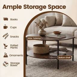 Costway 2-Tier Round Coffee Table Industrial Cocktail Table w/Storage Shelf in Brown - thumbnail 6
