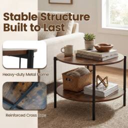 Costway 2-Tier Round Coffee Table Industrial Cocktail Table w/Storage Shelf in Brown - thumbnail 4