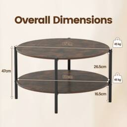 Costway 2-Tier Round Coffee Table Industrial Cocktail Table w/Storage Shelf in Brown - thumbnail 2