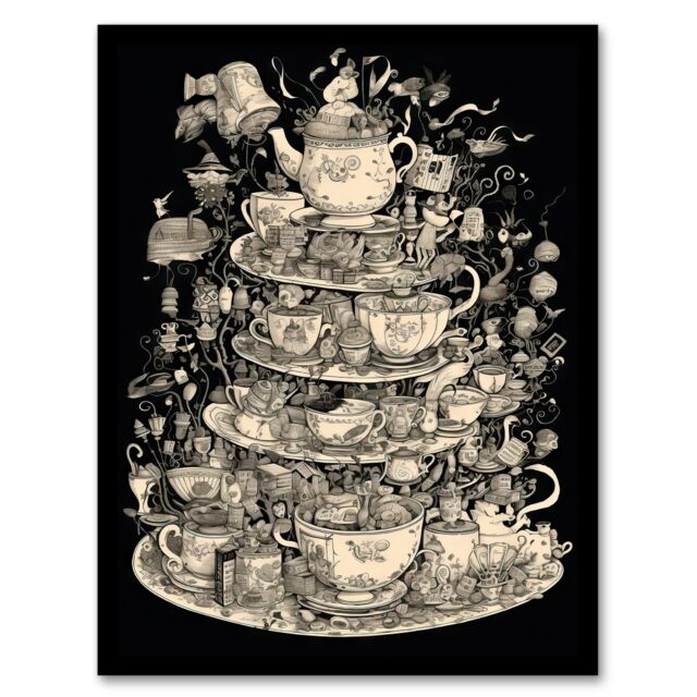 Artery8 Wall Art Print Alice In Wonderland Mad Hatter Tea Party Whimsical Magical Adventure Painting Art Framed in Black - Size: A4 - image 1