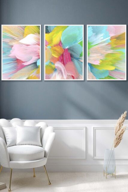 ARTZE Set of 3 White Framed Abstract Bright Painted Fractal Wall Art - Size: W45 cm x H62 cm x D20mm - image 1