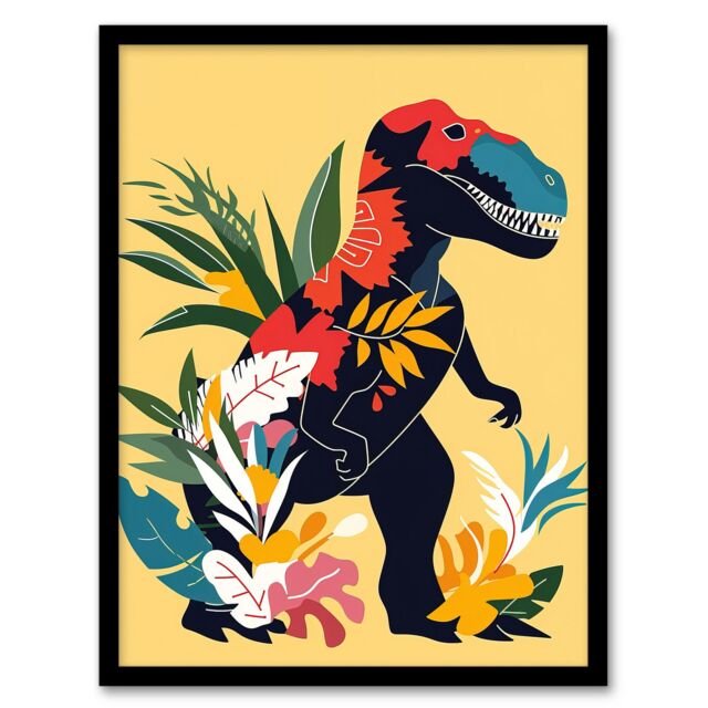 Artery8 Boho T Rex Dinosaur Plants Graphic Collage Framed Wall Art in Yellow - Size: A4 - image 1