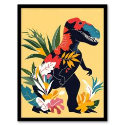 Artery8 Boho T Rex Dinosaur Plants Graphic Collage Framed Wall Art in Yellow - Size: A4 - thumbnail 1