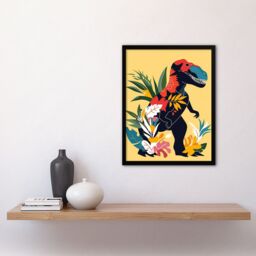 Artery8 Boho T Rex Dinosaur Plants Graphic Collage Framed Wall Art in Yellow - Size: A4 - thumbnail 4