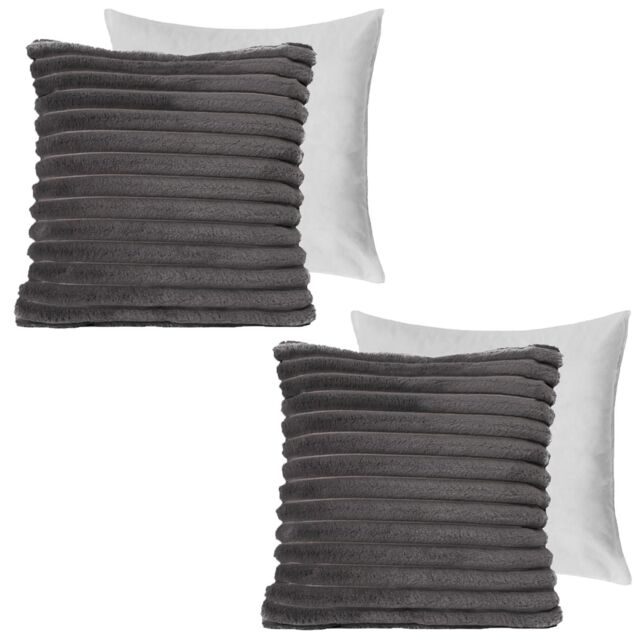 OHS 2 x Faux Fur Thick Rib Filled Cushion Covers in Charcoal - Size: 45 cm x 45 cm - image 1