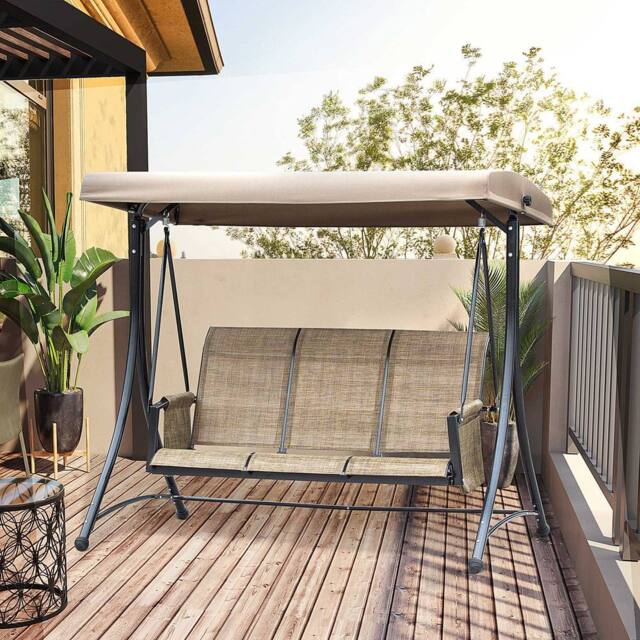 OUTSUNNY 3 Seat Metal Fabric Backyard Balcony Patio Swing Chair w/ Canopy in Brown