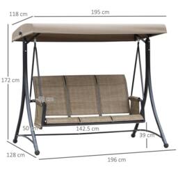 OUTSUNNY 3 Seat Metal Fabric Backyard Balcony Patio Swing Chair w/ Canopy in Brown - thumbnail 3