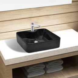 Berkfield Home Elegant Ceramic Bathroom Sink Basin with Faucet Hole Black Square - thumbnail 2
