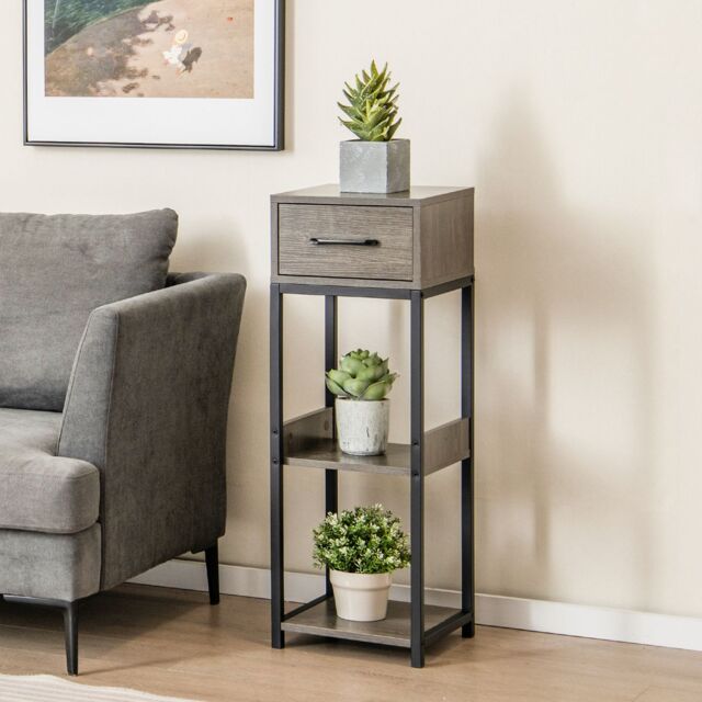 Costway 3 Tiers Indoor Plant Stand Metal Plant Table with Drawer Vertical Corner Display Shelf in Grey - image 1