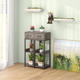 Costway 3 Tiers Indoor Plant Stand Metal Plant Table with Drawer Vertical Corner Display Shelf in Grey - thumbnail 5