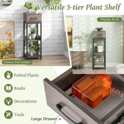 Costway 3 Tiers Indoor Plant Stand Metal Plant Table with Drawer Vertical Corner Display Shelf in Grey - thumbnail 6
