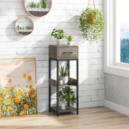 Costway 3 Tiers Indoor Plant Stand Metal Plant Table with Drawer Vertical Corner Display Shelf in Grey - thumbnail 4