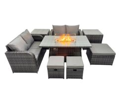 Fimous 7-seater Rattan Garden Furniture Dining Set with 3 Stools 2 Side Table in Dark Grey - thumbnail 1