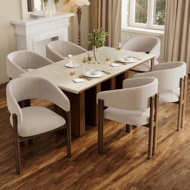 Rolipo Set of 6 Beige Linen Dining Chairs with Walnut Effect Metal Legs - image 1