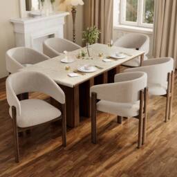 Rolipo Set of 6 Beige Linen Dining Chairs with Walnut Effect Metal Legs - thumbnail 1