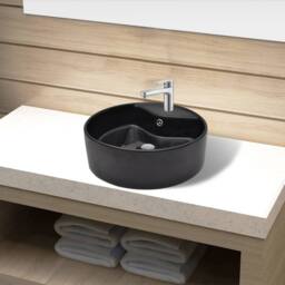 Berkfield Home Elegant Ceramic Bathroom Sink Basin Faucet/Overflow Hole Black Round - thumbnail 2