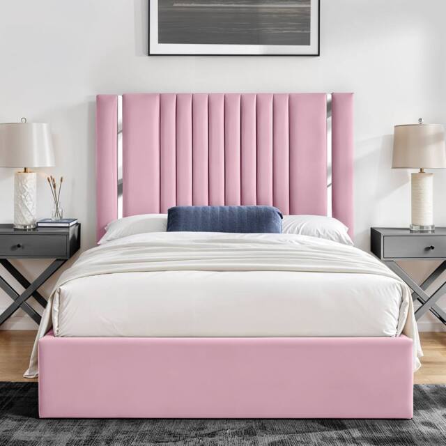 UK Bed Furniture Valencia Gas Lift Storage Upholstered Bed with 48 Inch Headboard in Pink - Size: Super King - image 1