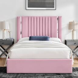 UK Bed Furniture Valencia Gas Lift Storage Upholstered Bed with 48 Inch Headboard in Pink - Size: Super King