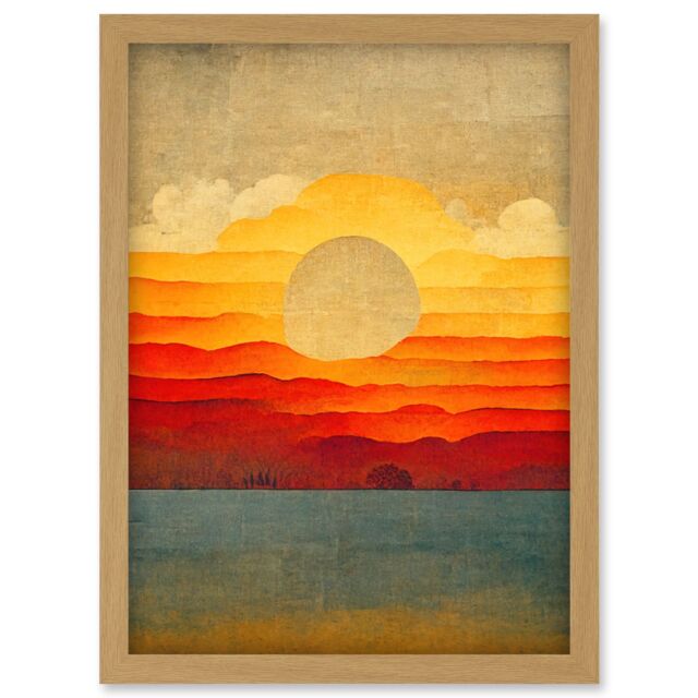 Artery8 Modern Abstract Sunset Seascape Painting Artwork Framed Wall Art Print A4 in Light Oak - image 1