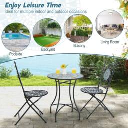 Costway Garden Side Table Metal Frame Round Mosaic Coffee Table Dining Table - thumbnail 4