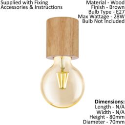 Loops Flush Ceiling Light Simple 1 x Round Brown Wood Bulb Holder Bulb E27 28W - thumbnail 2